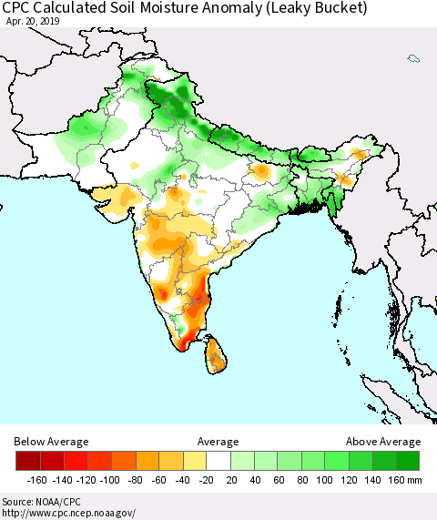 Southern Asia CPC Soil Moisture Departure from Normal (Leaky Bucket) Thematic Map For 4/16/2019 - 4/20/2019