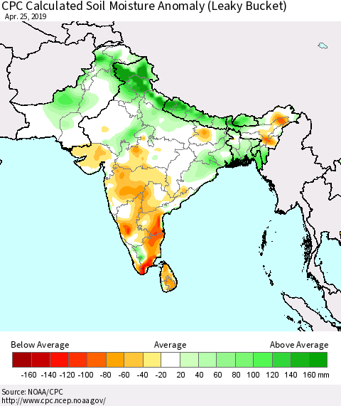 Southern Asia CPC Soil Moisture Departure from Normal (Leaky Bucket) Thematic Map For 4/21/2019 - 4/25/2019