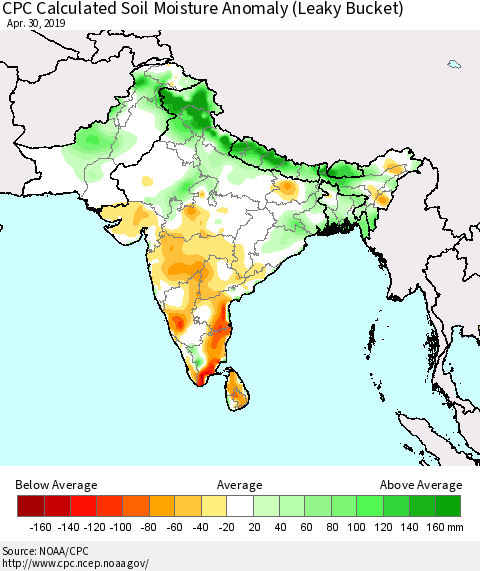 Southern Asia CPC Soil Moisture Departure from Normal (Leaky Bucket) Thematic Map For 4/26/2019 - 4/30/2019