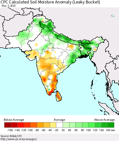 Southern Asia CPC Soil Moisture Departure from Normal (Leaky Bucket) Thematic Map For 5/1/2019 - 5/5/2019