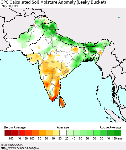 Southern Asia CPC Soil Moisture Departure from Normal (Leaky Bucket) Thematic Map For 5/6/2019 - 5/10/2019