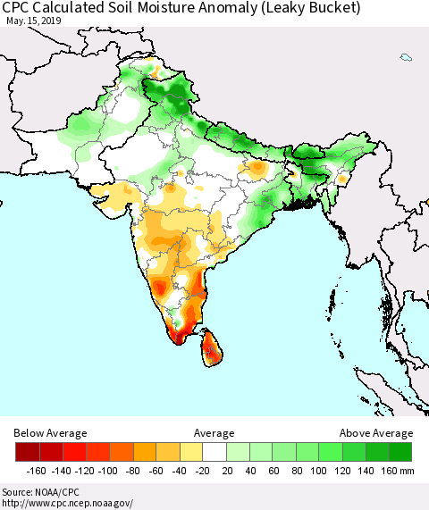Southern Asia CPC Soil Moisture Departure from Normal (Leaky Bucket) Thematic Map For 5/11/2019 - 5/15/2019
