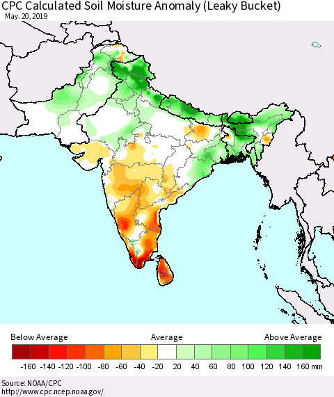 Southern Asia CPC Soil Moisture Departure from Normal (Leaky Bucket) Thematic Map For 5/16/2019 - 5/20/2019