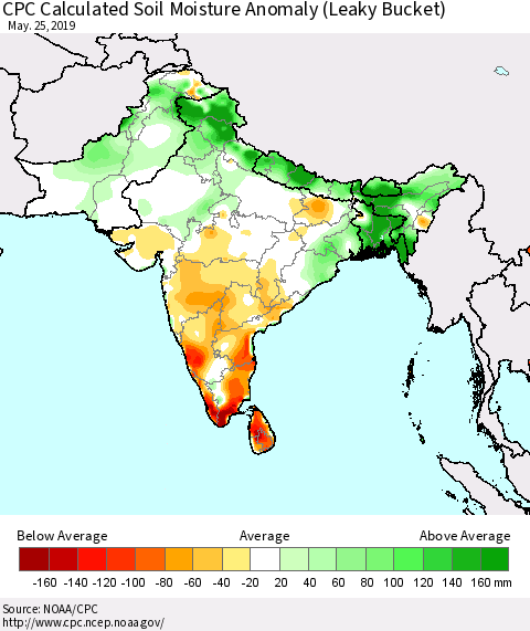 Southern Asia CPC Soil Moisture Departure from Normal (Leaky Bucket) Thematic Map For 5/21/2019 - 5/25/2019