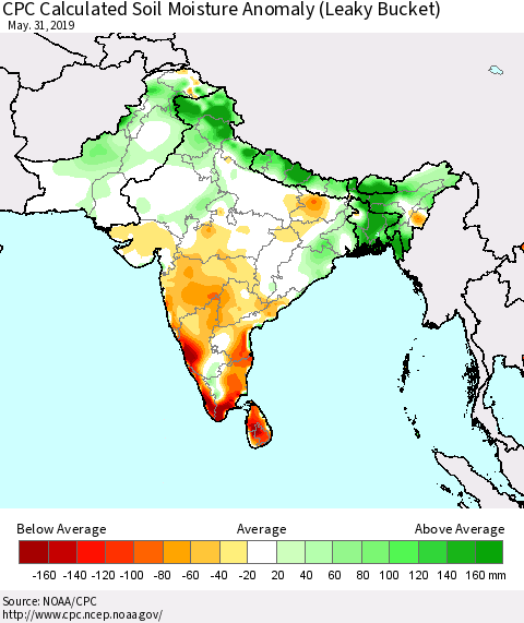 Southern Asia CPC Soil Moisture Departure from Normal (Leaky Bucket) Thematic Map For 5/26/2019 - 5/31/2019