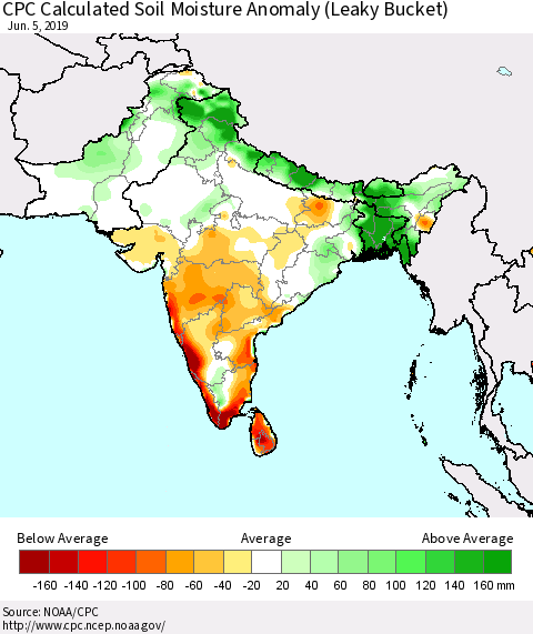 Southern Asia CPC Soil Moisture Departure from Normal (Leaky Bucket) Thematic Map For 6/1/2019 - 6/5/2019