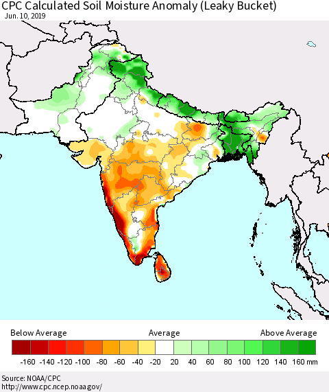 Southern Asia CPC Soil Moisture Departure from Normal (Leaky Bucket) Thematic Map For 6/6/2019 - 6/10/2019
