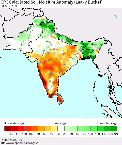 Southern Asia CPC Soil Moisture Departure from Normal (Leaky Bucket) Thematic Map For 6/11/2019 - 6/15/2019
