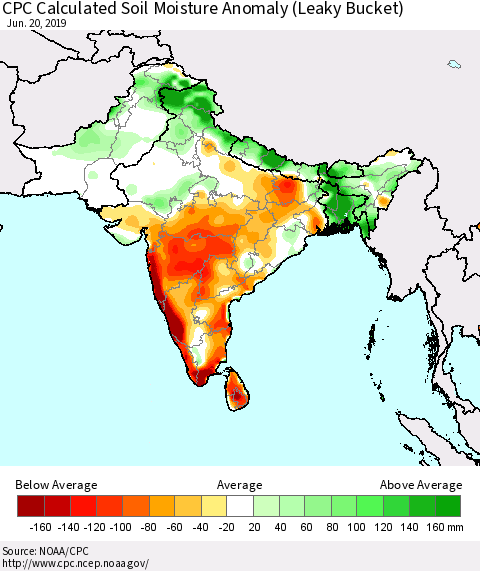 Southern Asia CPC Soil Moisture Departure from Normal (Leaky Bucket) Thematic Map For 6/16/2019 - 6/20/2019