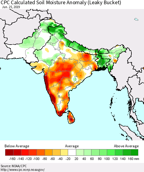 Southern Asia CPC Soil Moisture Departure from Normal (Leaky Bucket) Thematic Map For 6/21/2019 - 6/25/2019