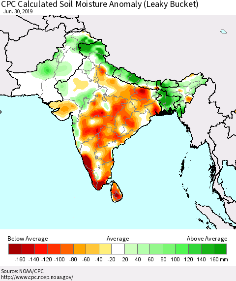 Southern Asia CPC Soil Moisture Departure from Normal (Leaky Bucket) Thematic Map For 6/26/2019 - 6/30/2019