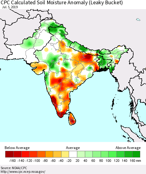 Southern Asia CPC Soil Moisture Departure from Normal (Leaky Bucket) Thematic Map For 7/1/2019 - 7/5/2019