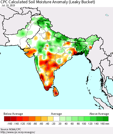 Southern Asia CPC Soil Moisture Departure from Normal (Leaky Bucket) Thematic Map For 7/6/2019 - 7/10/2019