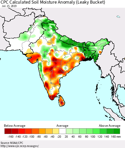 Southern Asia CPC Soil Moisture Departure from Normal (Leaky Bucket) Thematic Map For 7/11/2019 - 7/15/2019