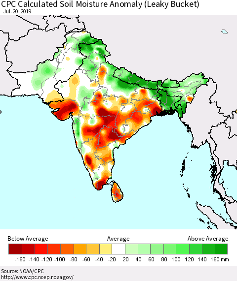 Southern Asia CPC Soil Moisture Departure from Normal (Leaky Bucket) Thematic Map For 7/16/2019 - 7/20/2019