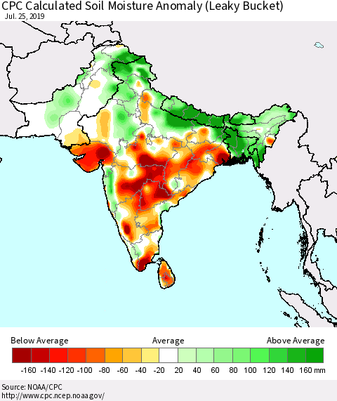 Southern Asia CPC Soil Moisture Departure from Normal (Leaky Bucket) Thematic Map For 7/21/2019 - 7/25/2019