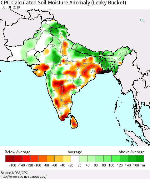 Southern Asia CPC Soil Moisture Departure from Normal (Leaky Bucket) Thematic Map For 7/26/2019 - 7/31/2019