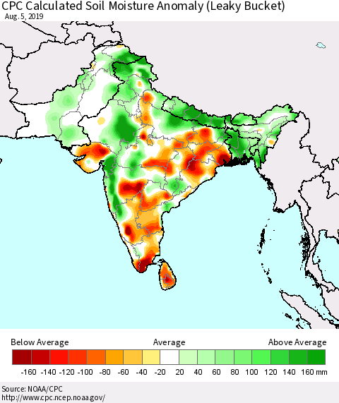 Southern Asia CPC Soil Moisture Departure from Normal (Leaky Bucket) Thematic Map For 8/1/2019 - 8/5/2019