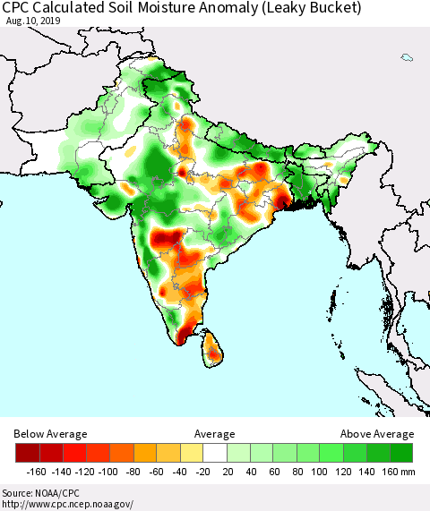 Southern Asia CPC Soil Moisture Departure from Normal (Leaky Bucket) Thematic Map For 8/6/2019 - 8/10/2019