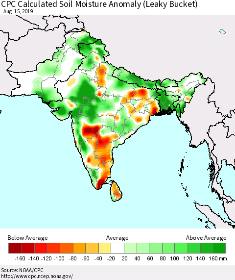 Southern Asia CPC Soil Moisture Departure from Normal (Leaky Bucket) Thematic Map For 8/11/2019 - 8/15/2019