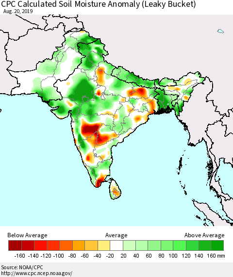 Southern Asia CPC Soil Moisture Departure from Normal (Leaky Bucket) Thematic Map For 8/16/2019 - 8/20/2019