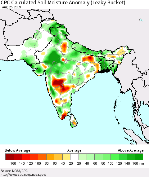 Southern Asia CPC Soil Moisture Departure from Normal (Leaky Bucket) Thematic Map For 8/21/2019 - 8/25/2019