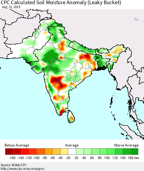 Southern Asia CPC Soil Moisture Departure from Normal (Leaky Bucket) Thematic Map For 8/26/2019 - 8/31/2019
