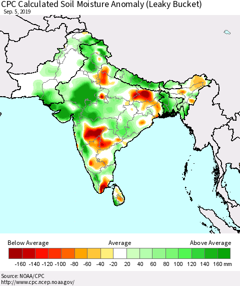 Southern Asia CPC Soil Moisture Departure from Normal (Leaky Bucket) Thematic Map For 9/1/2019 - 9/5/2019