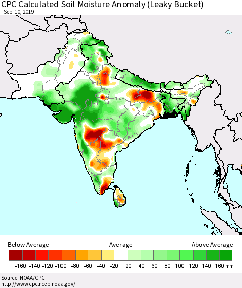 Southern Asia CPC Soil Moisture Departure from Normal (Leaky Bucket) Thematic Map For 9/6/2019 - 9/10/2019