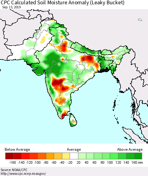 Southern Asia CPC Soil Moisture Departure from Normal (Leaky Bucket) Thematic Map For 9/11/2019 - 9/15/2019
