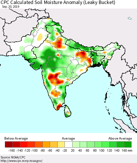 Southern Asia CPC Soil Moisture Departure from Normal (Leaky Bucket) Thematic Map For 9/16/2019 - 9/20/2019