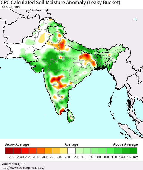 Southern Asia CPC Soil Moisture Departure from Normal (Leaky Bucket) Thematic Map For 9/21/2019 - 9/25/2019