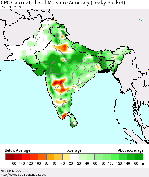 Southern Asia CPC Soil Moisture Departure from Normal (Leaky Bucket) Thematic Map For 9/26/2019 - 9/30/2019