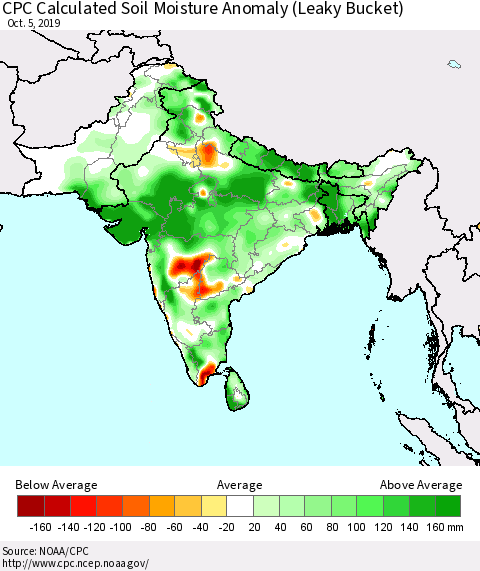 Southern Asia CPC Soil Moisture Departure from Normal (Leaky Bucket) Thematic Map For 10/1/2019 - 10/5/2019