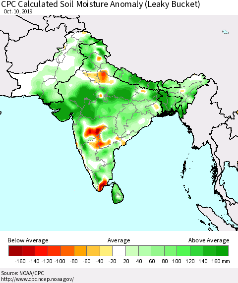 Southern Asia CPC Soil Moisture Departure from Normal (Leaky Bucket) Thematic Map For 10/6/2019 - 10/10/2019