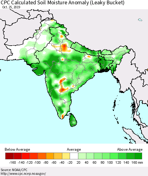 Southern Asia CPC Soil Moisture Departure from Normal (Leaky Bucket) Thematic Map For 10/21/2019 - 10/25/2019