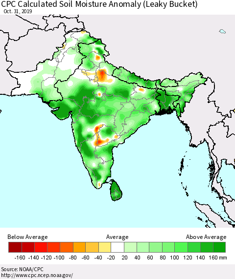 Southern Asia CPC Calculated Soil Moisture Anomaly (Leaky Bucket) Thematic Map For 10/26/2019 - 10/31/2019