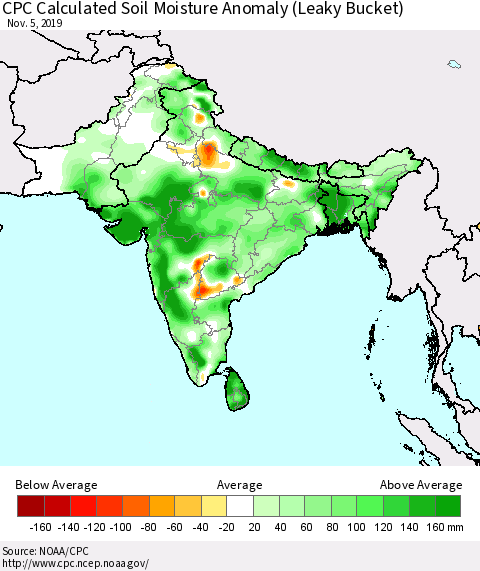 Southern Asia CPC Calculated Soil Moisture Anomaly (Leaky Bucket) Thematic Map For 11/1/2019 - 11/5/2019