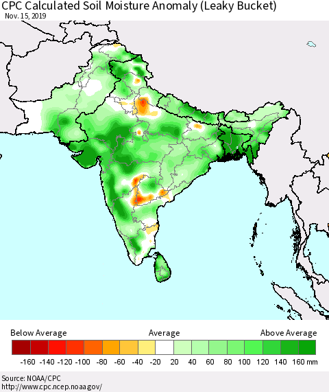 Southern Asia CPC Calculated Soil Moisture Anomaly (Leaky Bucket) Thematic Map For 11/11/2019 - 11/15/2019
