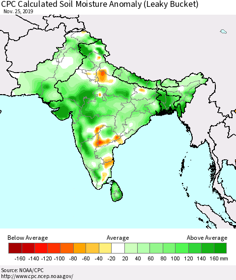 Southern Asia CPC Calculated Soil Moisture Anomaly (Leaky Bucket) Thematic Map For 11/21/2019 - 11/25/2019