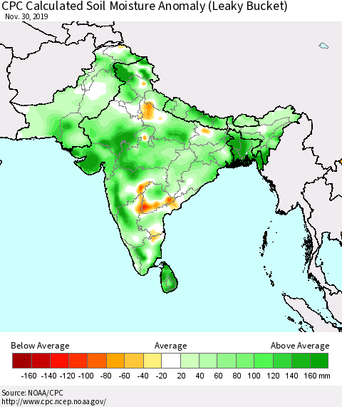 Southern Asia CPC Calculated Soil Moisture Anomaly (Leaky Bucket) Thematic Map For 11/26/2019 - 11/30/2019
