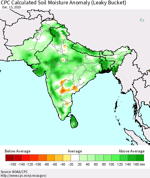 Southern Asia CPC Calculated Soil Moisture Anomaly (Leaky Bucket) Thematic Map For 12/11/2019 - 12/15/2019