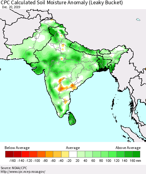 Southern Asia CPC Calculated Soil Moisture Anomaly (Leaky Bucket) Thematic Map For 12/16/2019 - 12/20/2019
