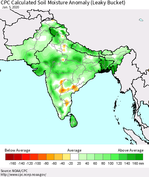 Southern Asia CPC Calculated Soil Moisture Anomaly (Leaky Bucket) Thematic Map For 1/1/2020 - 1/5/2020