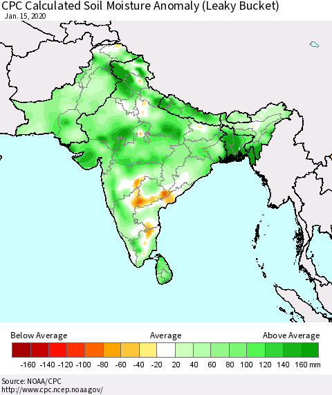 Southern Asia CPC Calculated Soil Moisture Anomaly (Leaky Bucket) Thematic Map For 1/11/2020 - 1/15/2020