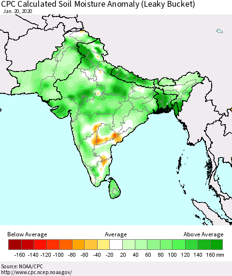 Southern Asia CPC Soil Moisture Departure from Normal (Leaky Bucket) Thematic Map For 1/16/2020 - 1/20/2020