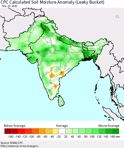 Southern Asia CPC Calculated Soil Moisture Anomaly (Leaky Bucket) Thematic Map For 2/6/2020 - 2/10/2020