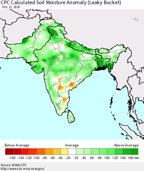 Southern Asia CPC Calculated Soil Moisture Anomaly (Leaky Bucket) Thematic Map For 2/11/2020 - 2/15/2020