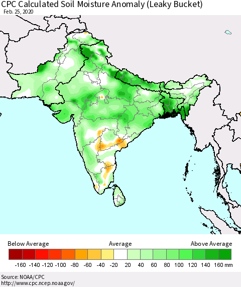 Southern Asia CPC Calculated Soil Moisture Anomaly (Leaky Bucket) Thematic Map For 2/21/2020 - 2/25/2020
