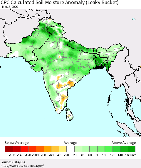 Southern Asia CPC Calculated Soil Moisture Anomaly (Leaky Bucket) Thematic Map For 3/1/2020 - 3/5/2020